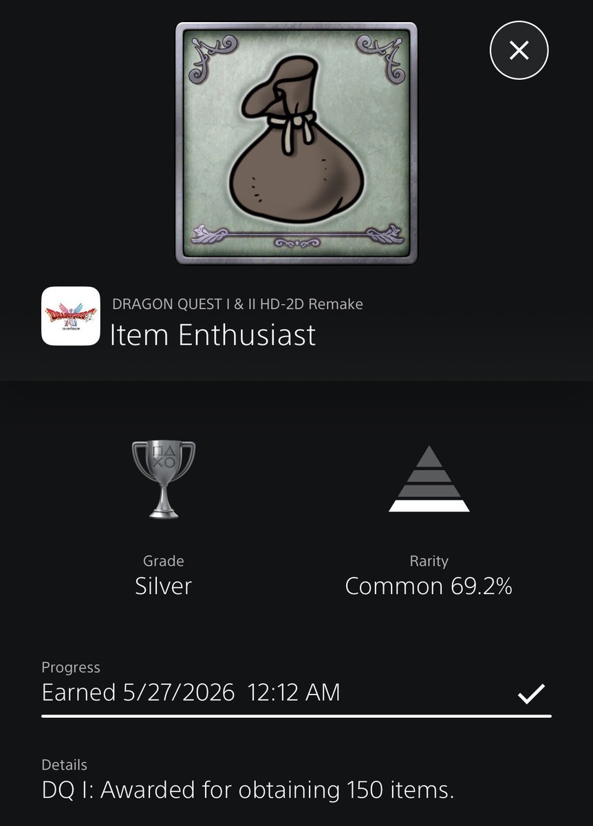 DuncanR2N's tweet photo. Dragon Quest I &amp; II HD-2D Remake trophy update

Item Enthusiast - Silver

My second silver trophy for this game. Just collect 150 unique items

Platinum: 17%

No significant changes for other stats

#DragonQuest #DragonQuestI #DragonQuestIandIIHD2DRemake #PlatinumTrophy #PS5 https://t.co/GfBb96e6I6