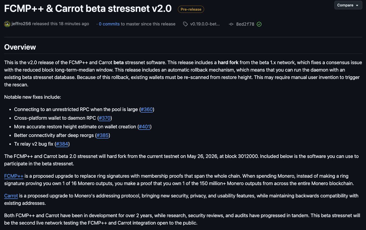MoneroResearchL's tweet photo. The FCMP++ CARROT Beta Stressnet v2.0 has been released! 
https://t.co/3bVEoyCVl6

This is the v2.0 release of the FCMP++ and Carrot beta stressnet software. This release includes a hard fork from the beta 1.x network, which fixes a consensus issue with the reduced block long-term-median window. This release includes an automatic rollback mechanism, which means that you can run the daemon with an existing beta stressnet database. Because of this rollback, existing wallets must be re-scanned from restore height. This may require manual user invention to trigger the rescan.

Notable new fixes include:

- Connecting to an unrestricted RPC when the pool is large (#360)
- Cross-platform wallet to daemon RPC (#370)
- More accurate restore height estimate on wallet creation (#401)
- Better connectivity after deep reorgs (#385)
- Tx relay v2 bug fix (#384)

The FCMP++ and Carrot beta 2.0 stressnet will hard fork from the current testnet on May 26, 2026, at block 3012000. Included below is the software you can use to participate in the beta stressnet.

FCMP++ is a proposed upgrade to replace ring signatures with membership proofs that span the whole chain. When spending Monero, instead of making a ring signature proving you own 1 of 16 Monero outputs, you make a proof that you own 1 of the 150 million+ Monero outputs from across the entire Monero blockchain.

Carrot is a proposed upgrade to Monero's addressing protocol, bringing new security, privacy, and usability features, while maintaining backwards compatibility with existing addresses.

Both FCMP++ and Carrot have been in development for over 2 years, while research, security reviews, and audits have progressed in tandem. This beta stressnet will be the second live network testing the FCMP++ and Carrot integration open to the public.