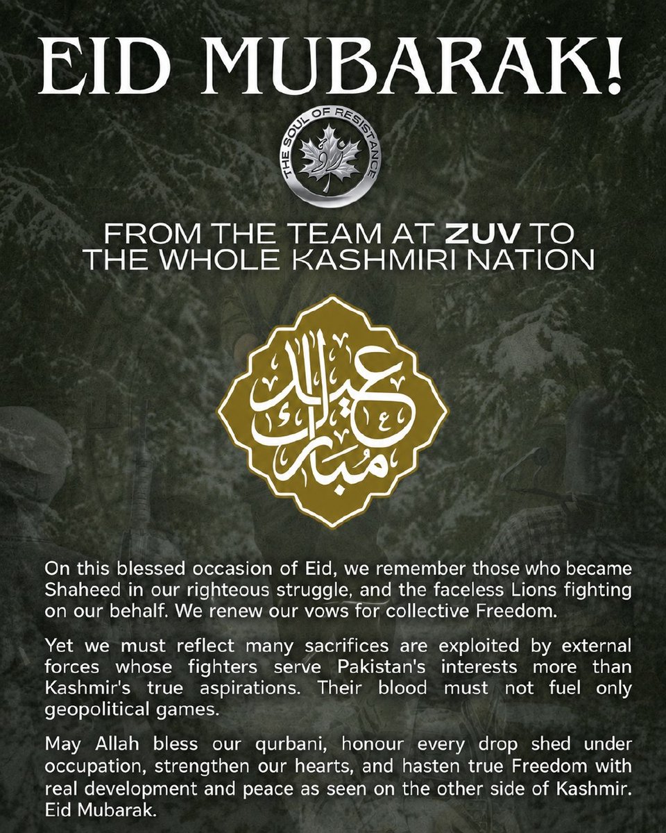 Jb21bh's tweet photo. A #Lashkar proxy outfit criticized #Pakistan in its Eid message. It stated that many sacrifices in #Kashmir are being exploited by “external forces” serving Pakistan’s interests more than Kashmir’s true aspirations. https://t.co/fGmMIWpIwl