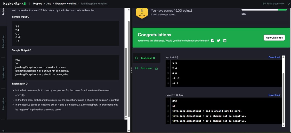AdittyaCodes's tweet photo. Java devs — exception handling isn't about crashing less.

It's about CONTROLLING how you crash.

HackerRank: compute n^p — but guard negative inputs AND double-zero.

7 lines of Java. All test cases. First try. 🔥

Watch ↓ #Java #HackerRank #100DaysOfCode https://t.co/Yb1PbAdPzv