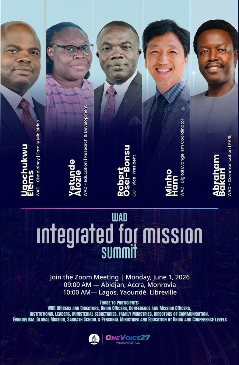 AdventistPHEC's tweet photo. WAD INTEGRATED FOR MISSION SUMMIT III
 
Time: June 1, 2026, 09:00 AM UTC

Those expected to attend include Officers and Directors of our fields, Institutional leaders

Remained grounded in the Bible and focused on the mission. 
#adventistchurchenuc
#Integratedformission https://t.co/MowKix9mlE