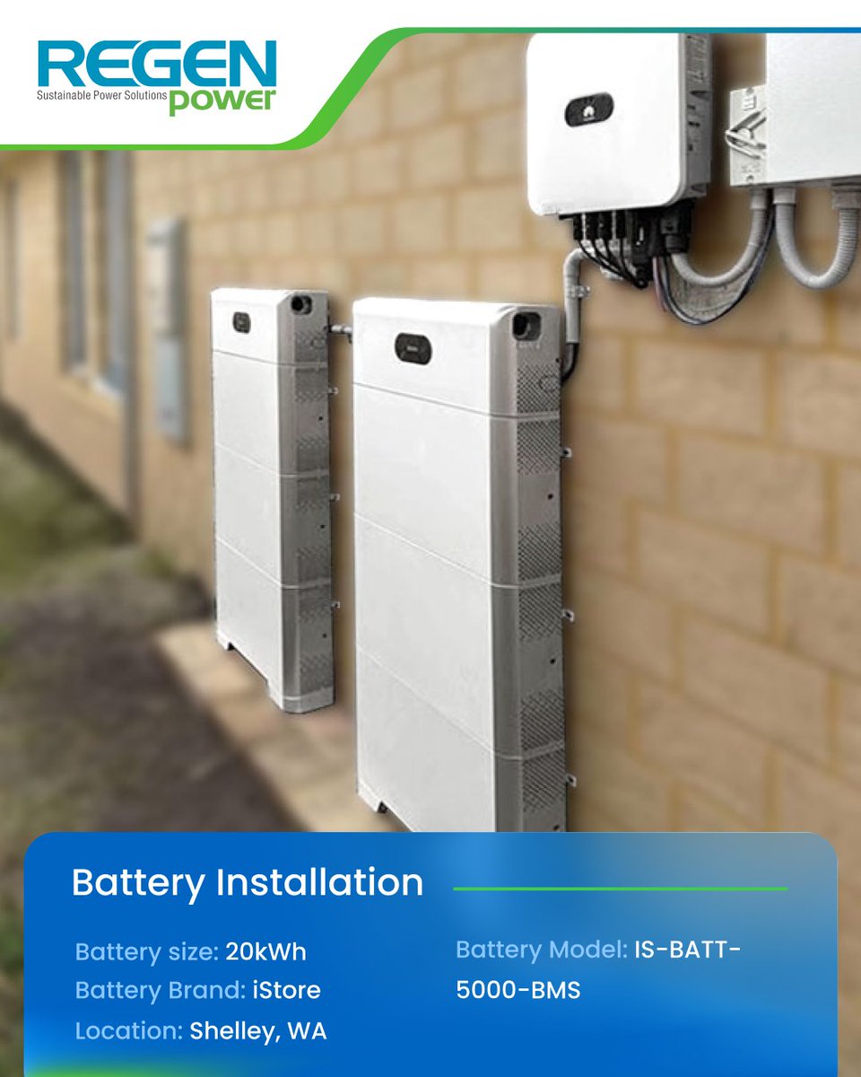 RegenPower2003's tweet photo. One of our solar battery installations:-
Location: Beatrice Avenue, Shelley, WA 6148
Battery Brand: iStore
Battery Model: IS-BATT-5000-BMS
Battery size: 20kWh.
#solarbattery #installation #regenpower https://t.co/apL9sh8OAw