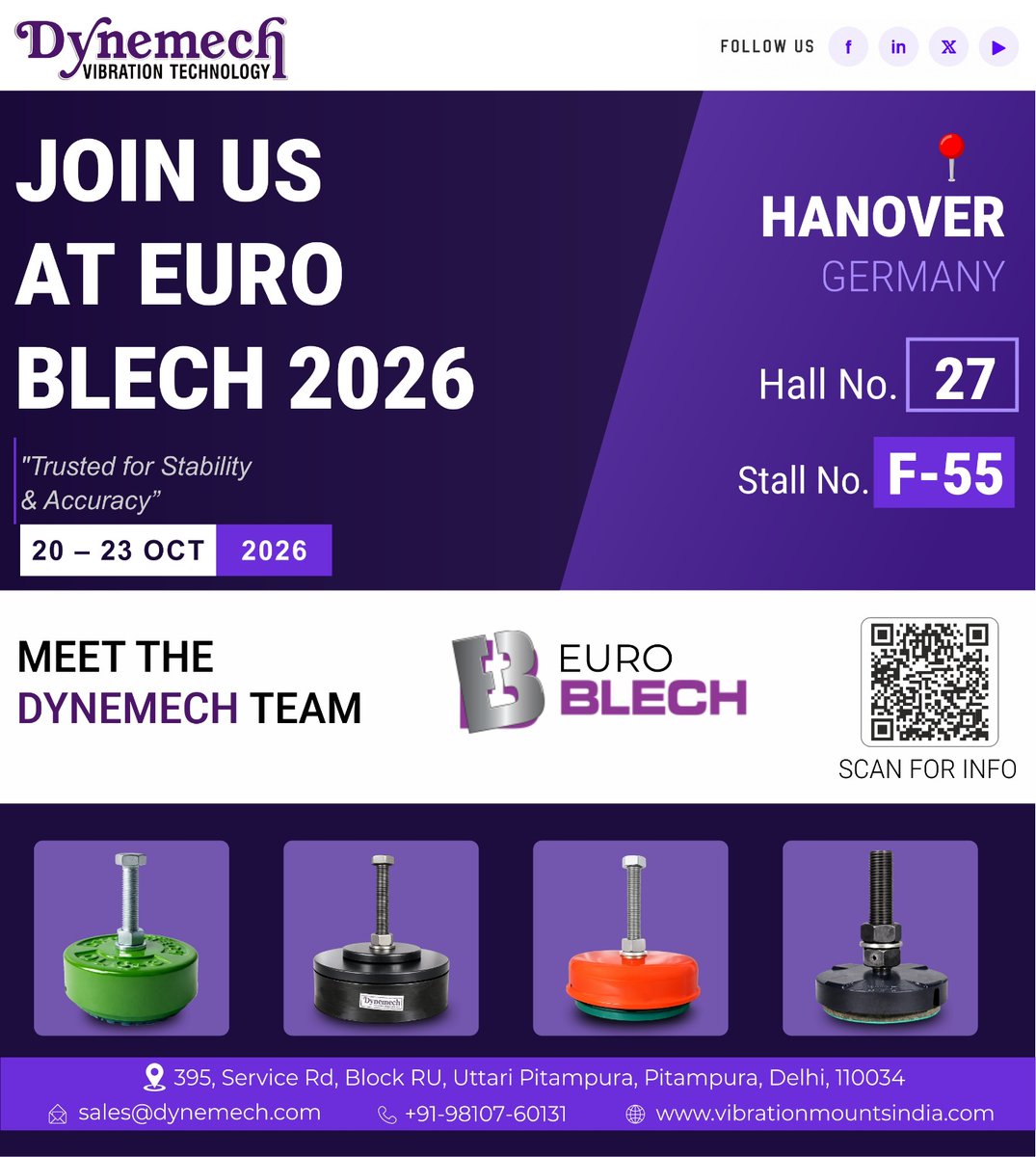 dynemech's tweet photo. 𝗗𝘆𝗻𝗲𝗺𝗲𝗰𝗵 𝗮𝘁 𝗘𝗨𝗥𝗢𝗕𝗟𝗘𝗖𝗛 𝟮𝟬𝟮𝟲

#AntiVibration, #Dynemech, #AntiVibrationMounts, #AntiVibrationPads, #VibrationControl, #EUROBLECH2026, #SheetMetalTechnology, #IndustrialAutomation, #MachineTools, #VibrationIsolation

📞 +91 9810760131
✉️ sales@dynemech.com https://t.co/gWsLpQoMSO