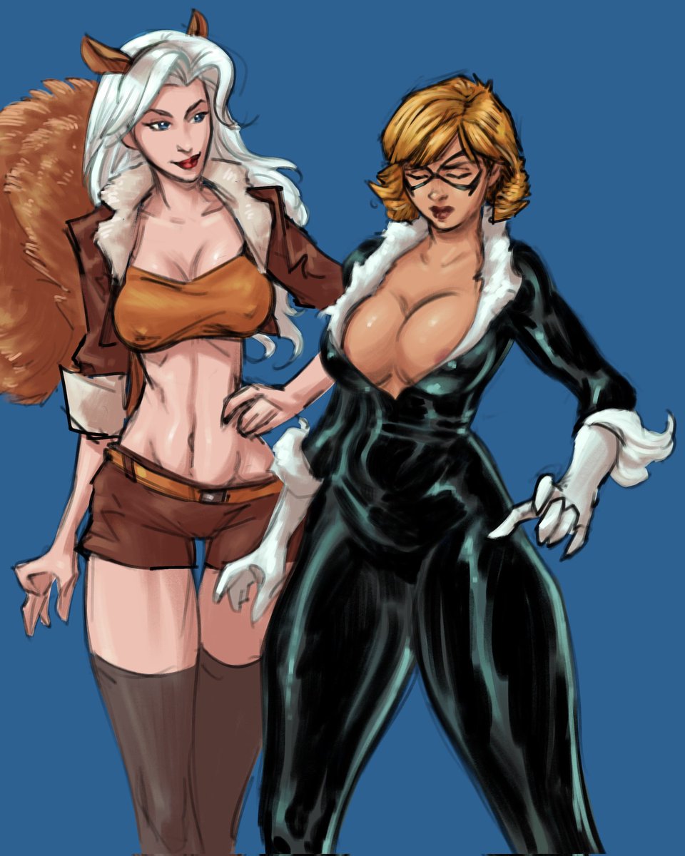Noogtra's tweet photo. Black Cat and Squirrel Girl costume swap. Didn't have much motive behind this one other than the fact that they're two hot women https://t.co/dnqCay45gB
