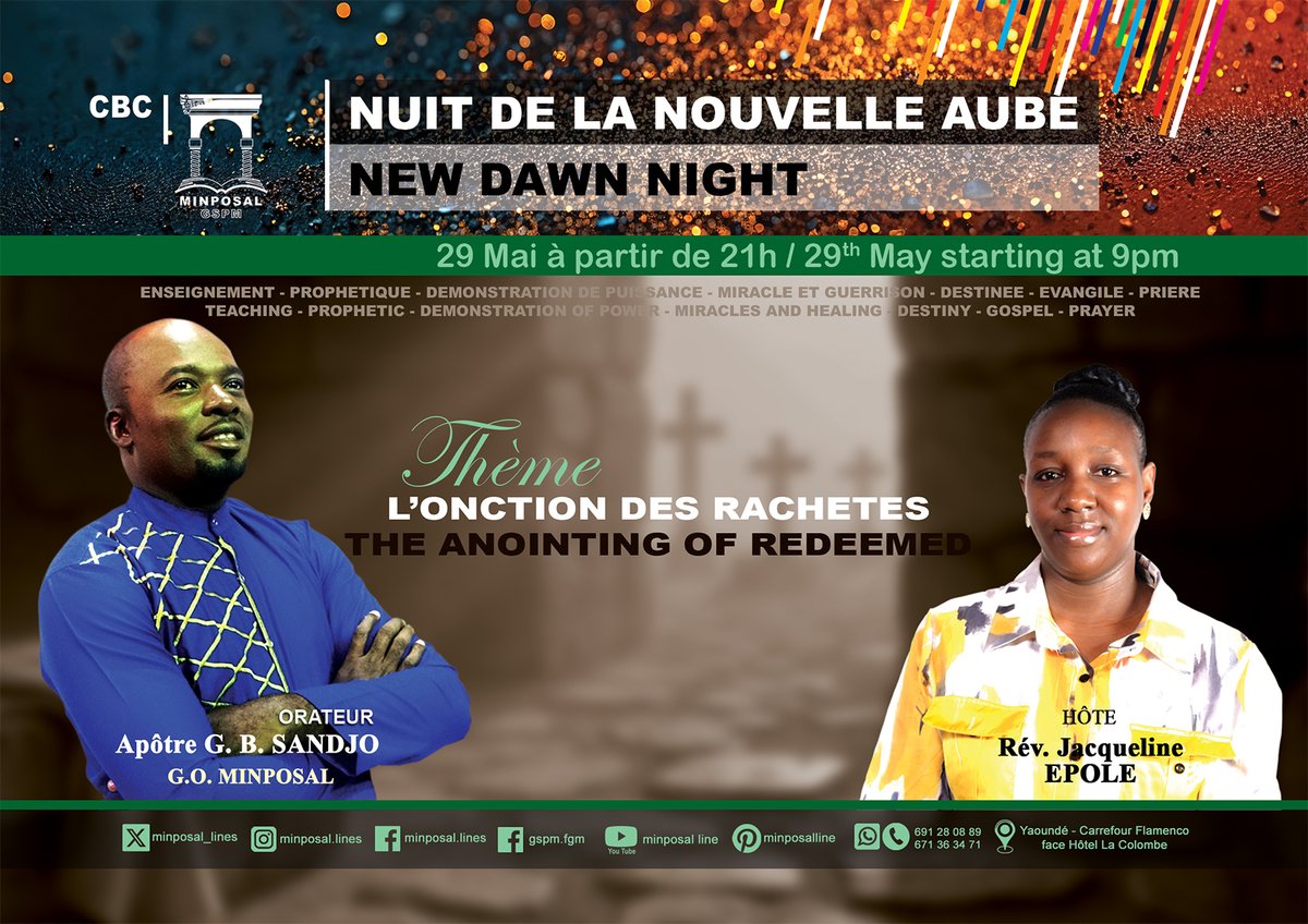 minposal_lines's tweet photo. NUIT DE LA NOUVELLE AUBE 29 MAI 2026 - #YAOUNDE/NEW DAWN NIGHT THE 29 MAY 2026 - #YAOUNDEAssistez #nuit de #prière, pour rencontre avec #Jésus-#Christ et le #Prophétique / Attend your #prayer #night , to encounter Jesus Christ and the #Prophetic .  #divinehealing https://t.co/sUTEl5nNHs