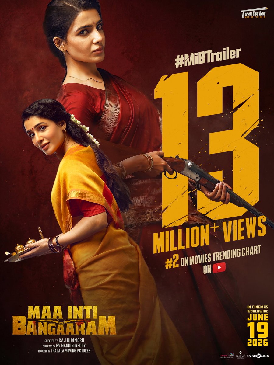 TralalaPictures's tweet photo. Massiest avatar of Sam? Yes 🔥
Most entertaining avatar of Sam? Also yes 💥💥

#MiBTrailer TRENDING #2 on YouTube charts with 13M+ views ❤‍🔥
▶️  https://t.co/qiM20TFscK

#MiBonJune19
#MaaIntiBangaaram in cinemas worldwide June 19th, 2026 🔥

#MiBonJune19
@TralalaPictures @Samanthaprabhu2 #RajNidimoru #NandiniReddy @himankd @gulshandevaiah @diganthmanchale @gautamitads @VasanthMaringa1 @MukhiSree @Actor_Gavireddy @MenonSita @Music_Santhosh @omdop @Dharmi_edits #PonyVerma @MrHydur #LeeWhittaker #PallaviSingh @rakeshreddy1224 @nikhilkoduru #PrahaasBoppudi @MarvelNataraj @AryanDaggubati @PradeepGSound @vamsikaka @FirstShowTweets @jrsnx_ @yellowtooths @thinkmusicindia @shreyasgroup