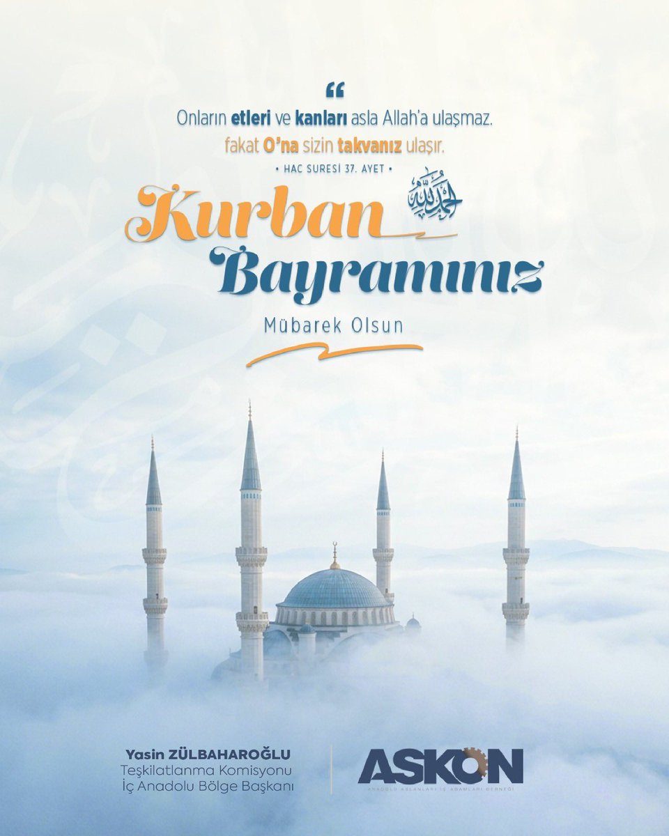 YZulbaharoglu's tweet photo. Kurban Bayramı’nın ülkemize, milletimize ve tüm insanlığa barış, huzur ve bereket getirmesini diler; tüm sevdiklerinizle birlikte sağlıklı, huzurlu ve mutlu nice bayramlara erişmemizi yüce Rabbimden niyaz ederim. 

Kurban Bayramımız mübarek olsun. https://t.co/3MNhRBSdip