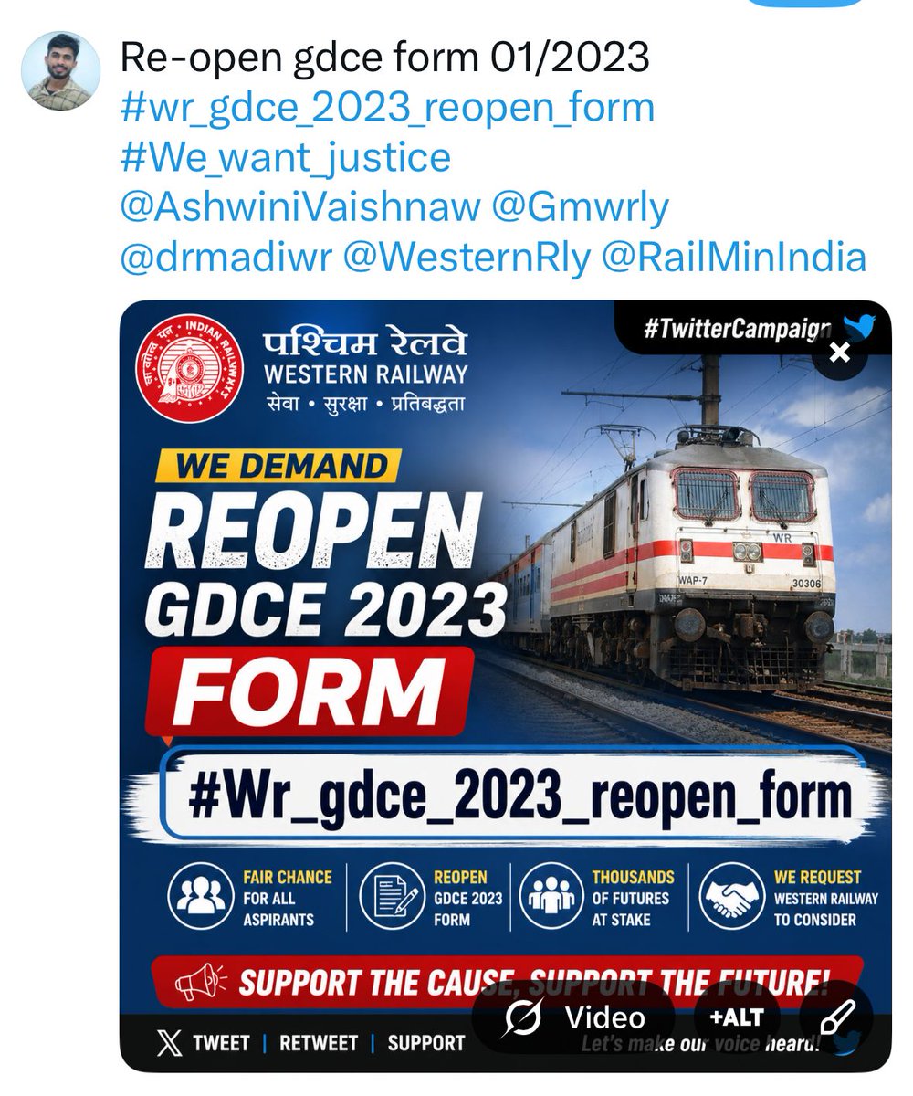 MahendraKu40393's tweet photo. Re-open gdce form 01/2023
#wr_gdce_2023_reopen_form
#We_want_justice 
@AshwiniVaishnaw @Gmwrly 
@drmadiwr @WesternRly @RailMinIndia 
@PMOIndia @AmitShah @abhisar_sharma @ajitanjum https://t.co/69t5zX58AM