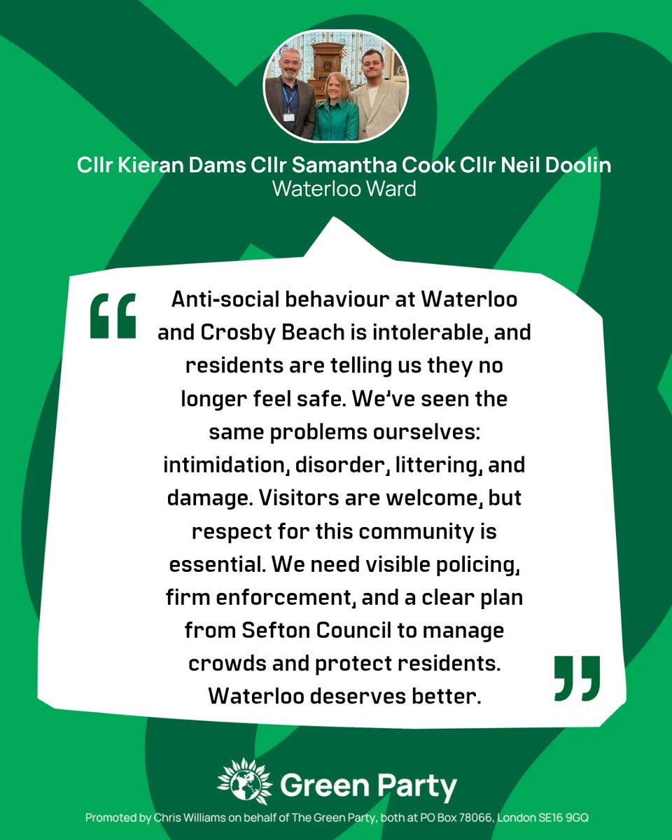 NeilDoolin1's tweet photo. UPDATE: GREEN COUNCILLORS WRITE TO POLICE LEADERS URGING CLEAR ACTION PLAN FOR A SAFER WATERLOO BEACH

Increased high-visibility policing during busy periods, and clarity on whether a mobile police station can be introduced

Stronger joint working between Merseyside Police, Sefton Council and partner agencies

Firm action against violence, intimidation and disorder

A clear long-term plan to manage peak periods and keep the beach safe for everyone

In light of recent events, it’s crucial these concerns are addressed to put robust and effective plans in place for the summer period.