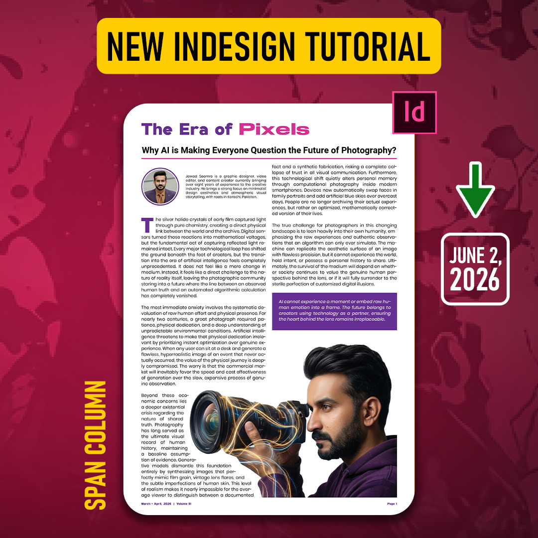 JawadSoomro7's tweet photo. New Adobe InDesign tutorial dropping on 2 June 2026. It's about how to cover the title entire columns while keeping the rest of the document divided in Columns!
Stay Tuned! Follow for more tutorials!
#adobeindesign #indesigntutorials #graphicdesign #tutorial https://t.co/UJ42mCUO4v