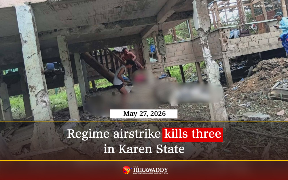 IrrawaddyNews's tweet photo. The Karen National Union said a targeted airstrike by the regime killed three women and wounded two people, including a teenage girl, in Kyainseikgyi Township, Karen State on Sunday. Two houses and a vehicle were damaged. 
(Photo: KNU) 
#WhatsHappeningInMyanmar https://t.co/6sOC43homg
