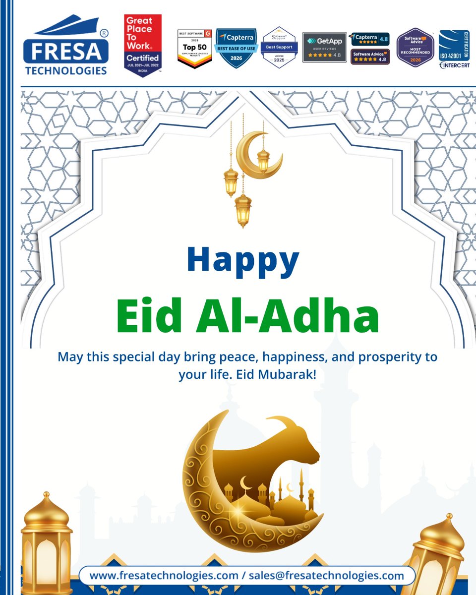 fresatechnology's tweet photo. 🌙✨ Eid Al-Adha Mubarak ✨🌙

Wishing you a joyful and prosperous Eid Al-Adha!

🌐 https://t.co/B3SQd8H1oO
📩 sales@fresatechnologies.com
📲 +91 93449 12004

#EidAlAdha #EidMubarak #Bakrid2026 #FestivalOfSacrifice #Blessings #FresaTechnologies #Peace #Prosperity https://t.co/CoDUQ3PPSd