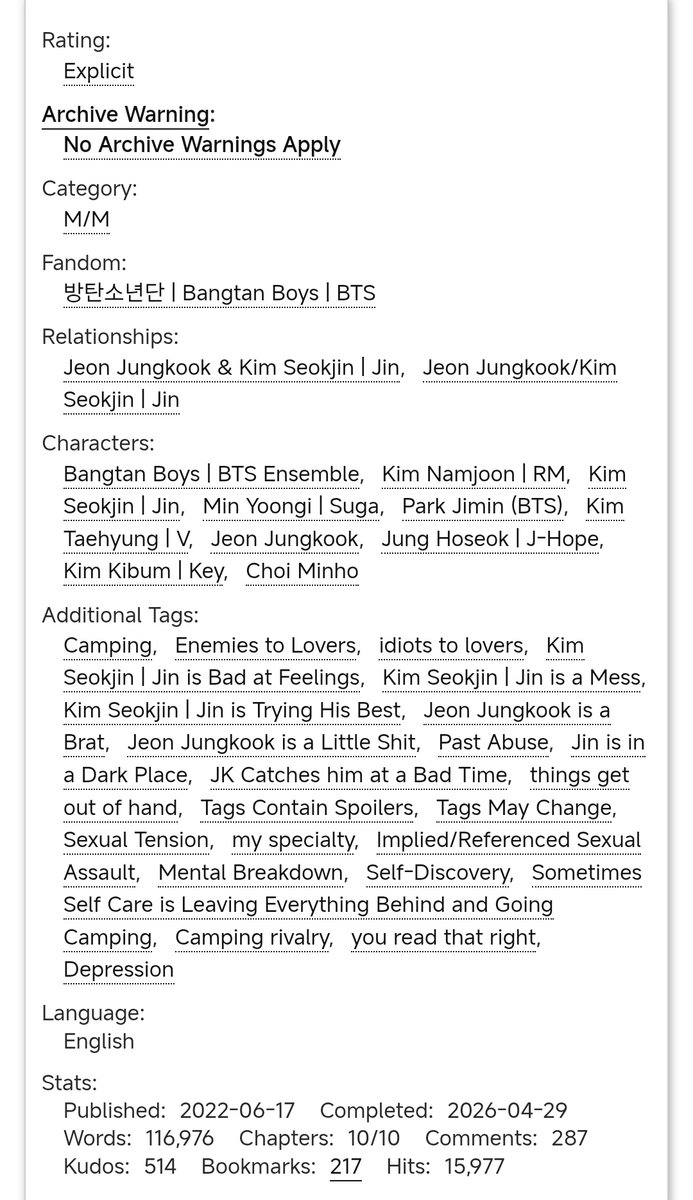 9297recs's tweet photo. into the flame by bangtanboops [@bangtanboops]

→ alt. universe; camping 
→ explicit 🔞, 116k
→ enemies to lovers, self-discovery 
→ ❗past abuse, depression 

https://t.co/5ooTIWL2Rj https://t.co/nn8PTyyufy