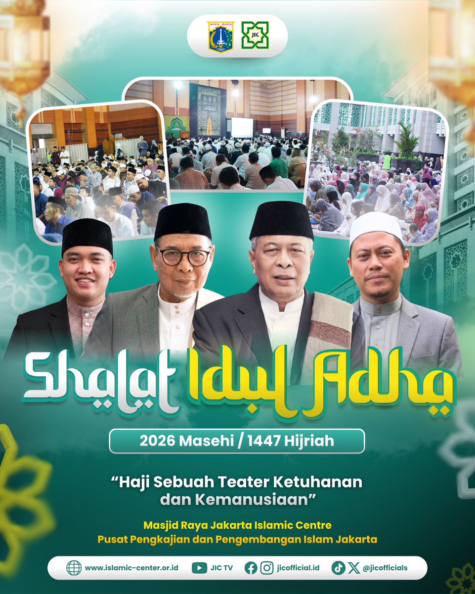 JICOfficials's tweet photo. Ribuan jamaah memadati Masjid Raya Jakarta Islamic Centre pada pelaksanaan Sholat Idul Adha 1447 H, Rabu (27/5/2026). Jamaah memenuhi Lobby dan Ruang Convention Hall, Selasar Gedung Bisnis Masjid Raya JIC, hingga area taman untuk bersama-sama menunaikan sholat Idul Adha dengan penuh khusyuk dan kebersamaan.

Pelaksanaan Sholat Idul Adha 1447 H di Masjid Raya JIC menghadirkan KH. Ahmad Ibnu Abidin sebagai khatib dengan tema khutbah “Haji Sebuah Teater Ketuhanan dan Kemanusiaan”. Dalam khutbahnya, KH. Ahmad Ibnu Abidin menyampaikan bahwa Idul Adha merupakan momentum untuk saling mengenal, berbagi, serta memperkuat nilai kemanusiaan dan kepedulian sosial di tengah masyarakat.

Sementara itu, bertindak sebagai Imam Sholat Idul Adha yakni Ust. H. Muh. Madinah, Al Hafidz, dengan bilal Ustadz Muhammad Rafli.

Usai sholat Idul Adha, Masjid Raya JIC juga melaksanakan penyembelihan hewan kurban di Plaza Kurban sebagai wujud kepedulian dan semangat berbagi kepada sesama.

#IdulAdha1447H #MasjidRayaJIC #JakartaIslamicCentre #IdulAdha2026 #JICUntukUmat
