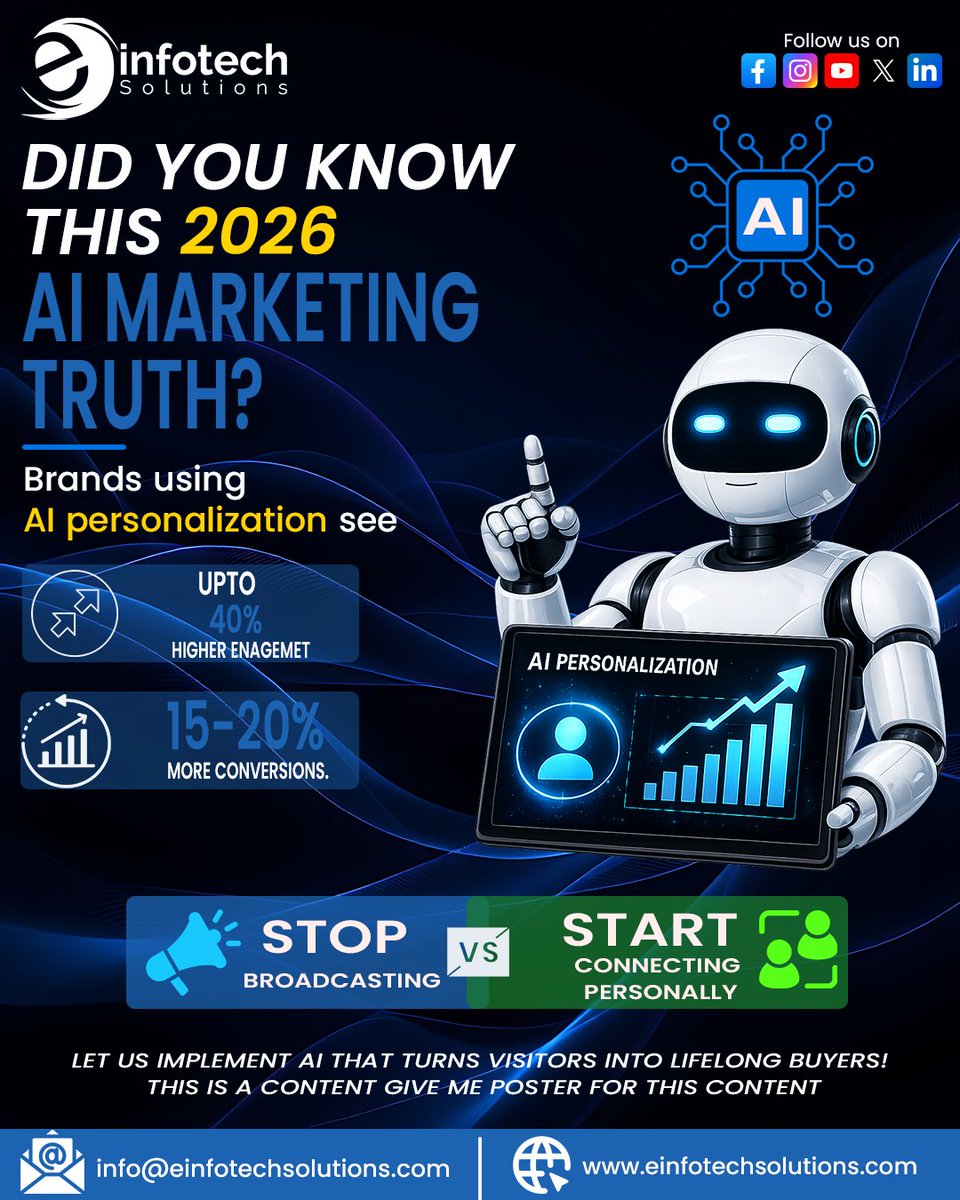 einfotechsol's tweet photo. 🚀 AI Marketing in 2026 = Smarter Growth 🤖

Brands using AI personalization are seeing:
📈 40% higher engagement
💬 15–20% more conversations
Stop broadcasting. Start connecting personally. 🎯
🌐 Einfotech Solutions

#AIMarketing #DigitalMarketing #AI #Marketing #BusinessGrowth https://t.co/5TTU1LyTlZ