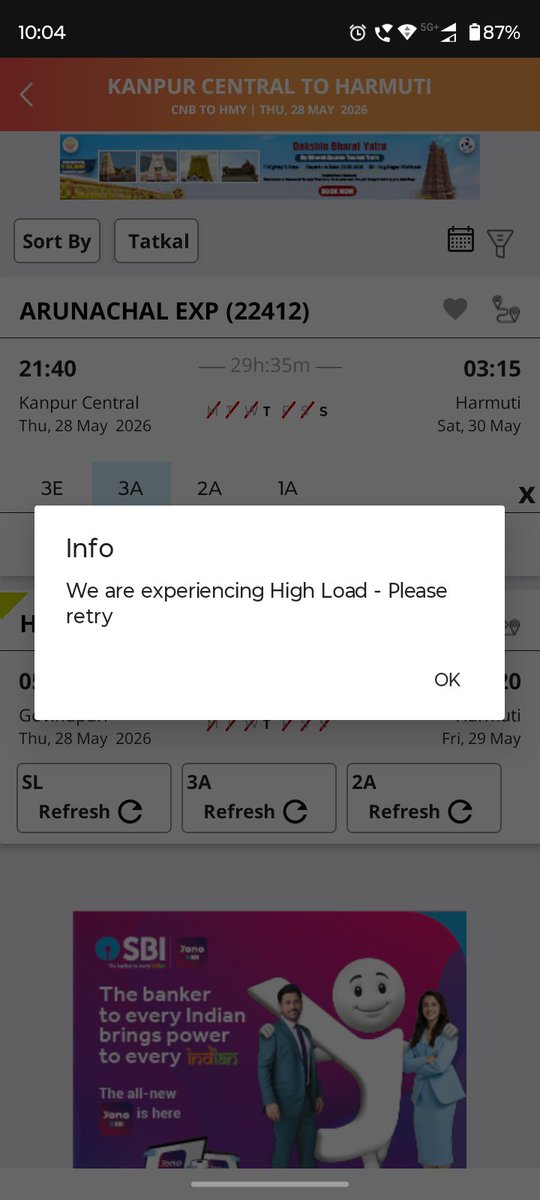 arpit_yaadv's tweet photo. My Father is a Army Man . He will go to duty on 28 may from kanpur to harmuti Assam . He tried to book tickets from last 15 days but no confirm tickets available.  Today he tired to book tatkal ticket but IRCTC app shows error or high load problem .
Then why @IRCTCofficial https://t.co/NCzkXezTH2