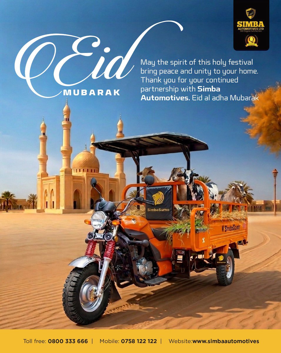 SimbaAutomotiv1's tweet photo. Eid Mubarak from Simba Automotives! ✨🌙

As we celebrate this special season of faith, sacrifice, and togetherness, we wish you and your loved ones peace, joy, and countless blessings. Thank you for being part of the Simba Automotives family and for your continued trust and support.

May your journeys always be safe, prosperous, and filled with happiness. 🕌🧡🏍️

#EidMubarak #SimbaAutomotives #EidAlAdha #BlessedEid #TogetherWeRide Uganda