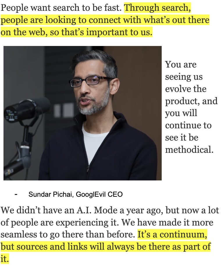 Goog_Enough's tweet photo. Dr. GooglEvil said that “sources and links will always be there as part of it.” How reassuring. Publishers were methodically robbed, and right now, we’re only “part of it” the way a cow is part of a leather couch. https://t.co/1BNgJN01ZZ