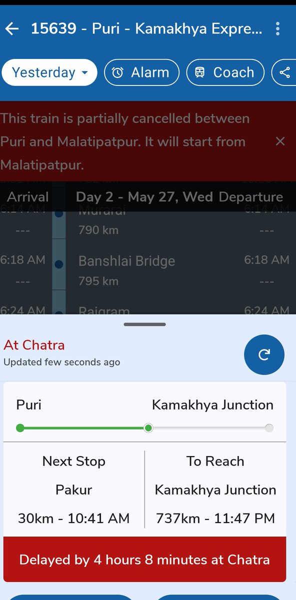 Shushany4's tweet photo. Whithout any reason  this train 15639 puri kamakhya expres  
This train is delaying unnecessarily. May I know the reason for this? @AshwiniVaishnaw @drmmalda @drmhowrah @DRMKhurdaRoad https://t.co/YdxCAvP30U