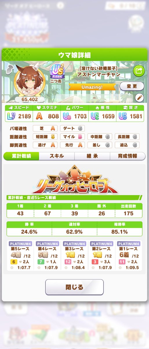 shigureame_uma's tweet photo. 一足お先に終わらせです
結果としては2550欠
なんとかプラチナ4は取れたので成果としては十分でした

悔やむことはマーちゃん更新できず成績安定しなかったことと、
ドレスバクシンにはほぼ負けたことですかね。。。

とりあえず切り替えて次回も頑張ります https://t.co/lKVPSIocTA