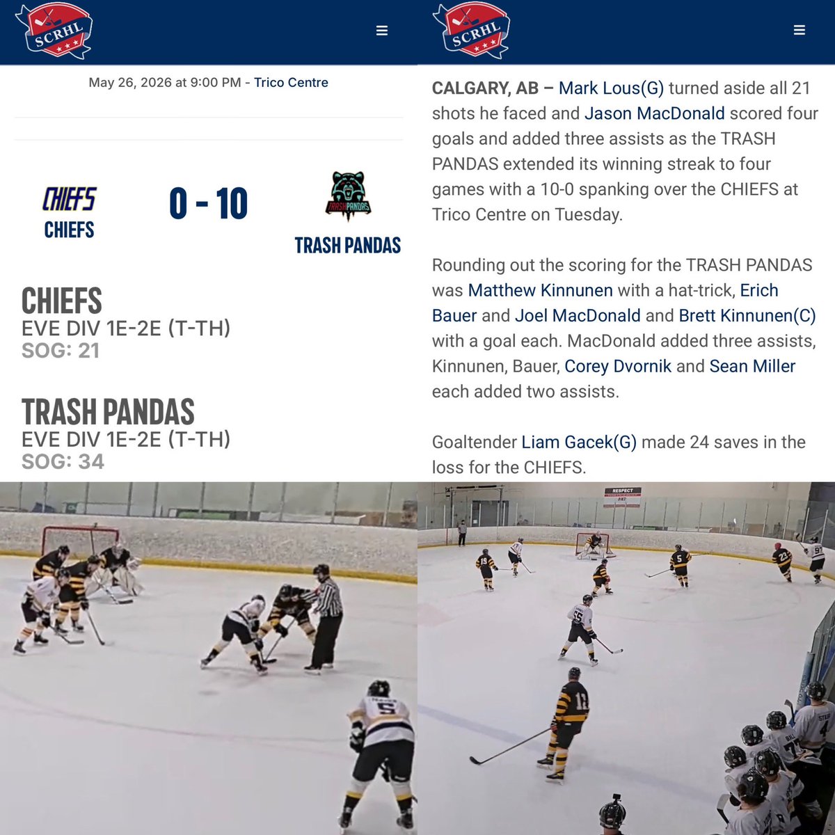 SCRHL's tweet photo. SCRHL Spring &amp; Summer Season game @TricoCentre and @cardelrecsouth2 from the evening of May 26, 2026 🥅🏒 https://t.co/CwljCtpHpP