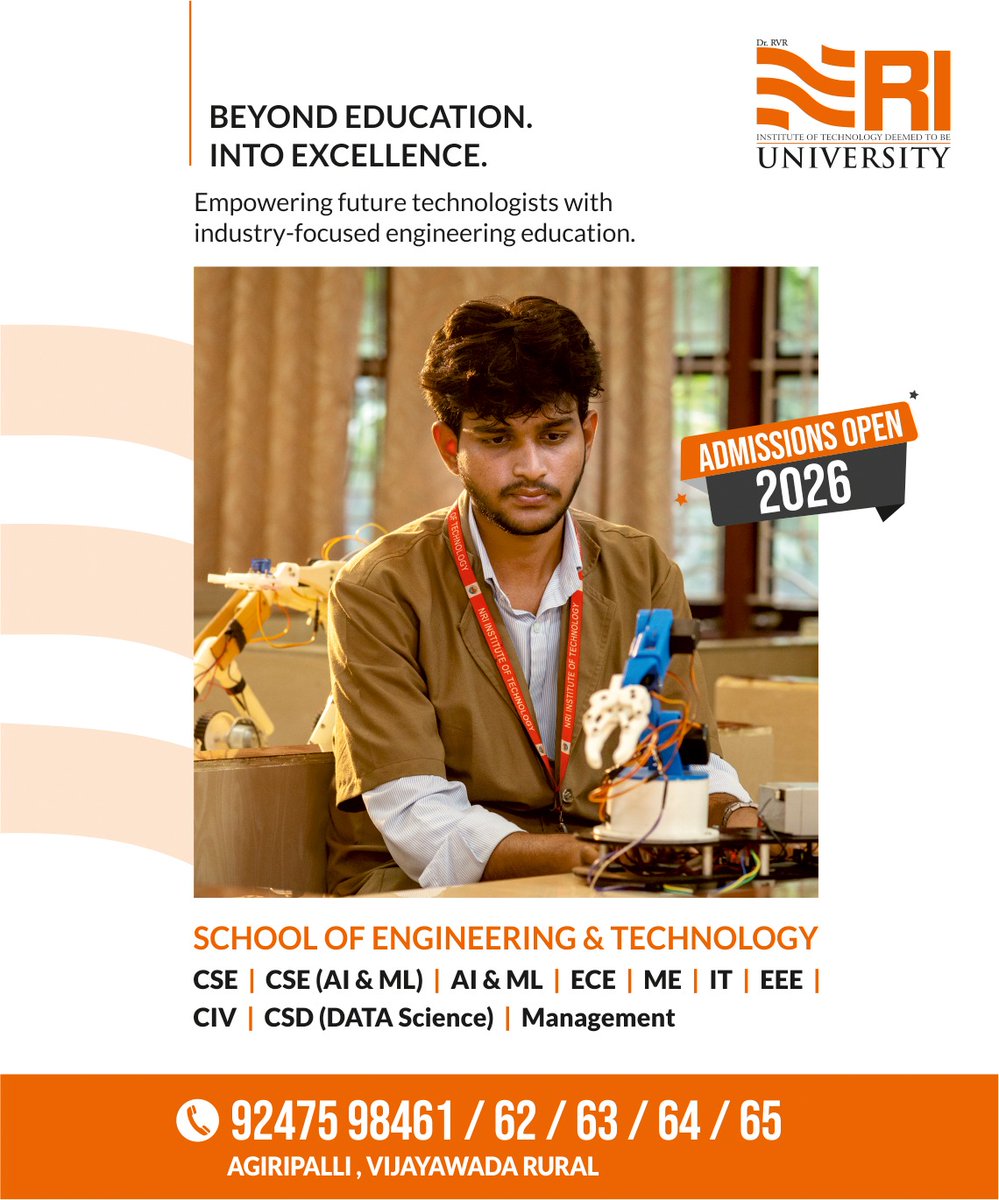NRIUniversity's tweet photo. Step beyond education and into excellence at NRI University!
Admissions Open 2026 for future innovators in Engineering &amp; Computer Sciences. Build your career with industry-focused learning, advanced technology, and hands-on experience. 🎓

#NRIUniversity #AdmissionsOpen2026 https://t.co/hP9nWb87g8