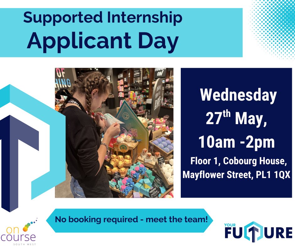 OnCourseSW's tweet photo. Join us today for our Supported Internship Application Day! This is your chance to explore how our programme can help you gain real-world work experience, build confidence, and kickstart your future.

#OnCourseSouthWest #SupportedInternships #WorkExperience #InclusiveEmployment https://t.co/bT8DwA55v9