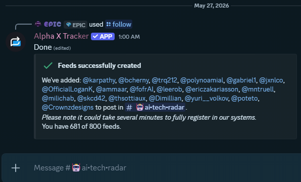 MTRDevelopers's tweet photo. Just followed all these people here on X, and also decided to add them to my Discord Social Ai Tracker Channel. Even found some more great picks from the comments...so anytime any of these people tweet, we get the tweet delivered directly to our AlphaTek Discord! 

FREE TO JOIN: https://t.co/SN4UgcifWd

Anyone else for the #Ai channel I should add?