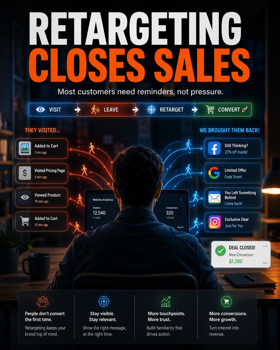 vivekdhungav's tweet photo. Most people don’t buy on the first visit.
That’s why retargeting wins.

Bring visitors back.
Build trust.

Increase conversions.
Warm audiences > cold traffic.

#DigitalMarketing #Retargeting #MarketingStrategy https://t.co/Ri1j5vXE3d