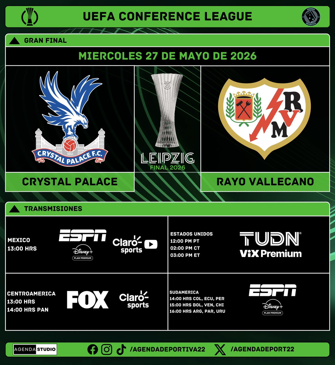 AgendaDeport22's tweet photo. UEFA Conference League
Gran Final
Transmisión: México, USA, Centroamérica y Sudamerica
⚠️Programación Sujeta a Cambios⚠️
#UEFA #UECL
#ConferenceLeague #RoadToLeipzig
#AgendaDeportiva https://t.co/oRKQHOV3BP