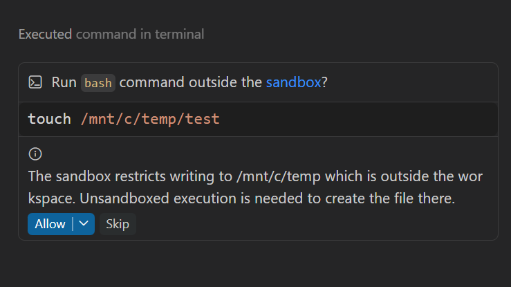 VS Code prompt showing a command that needs to run outside the sandbox, illustrating the boundary between approved and unsandboxed execution