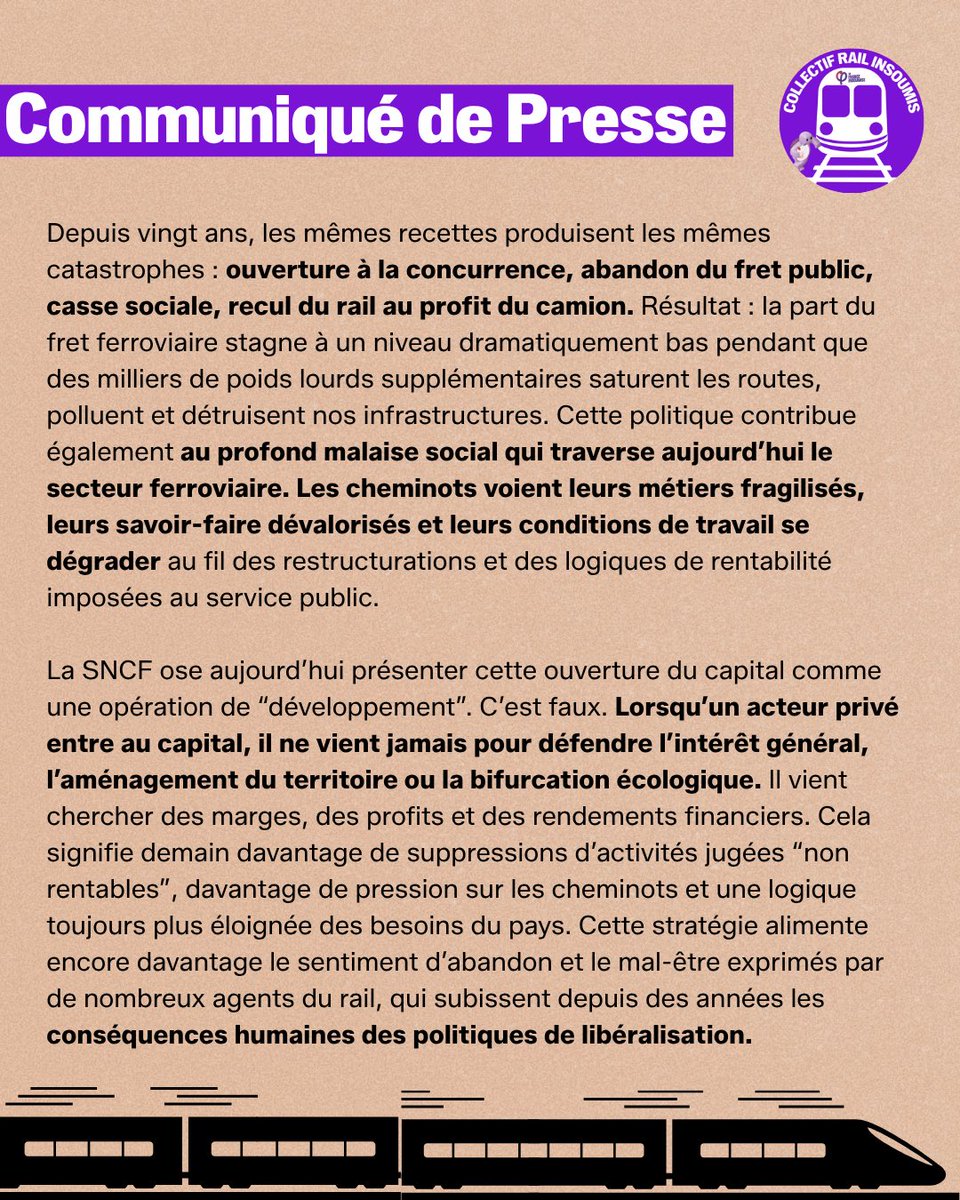 Portes_Thomas's tweet photo. FRET #SNCF : le démantèlement continue. 

Après avoir cassé Fret SNCF sous la pression absurde des règles européennes de concurrence, le gouvernement et la direction de la SNCF préparent désormais sa privatisation par morceaux.

Le fret ferroviaire doit sortir des logiques financières et redevenir un outil stratégique au service de la souveraineté industrielle, de la transition écologique et de l’égalité territoriale. 

L’avenir du rail ne peut pas être confié aux marchés financiers !