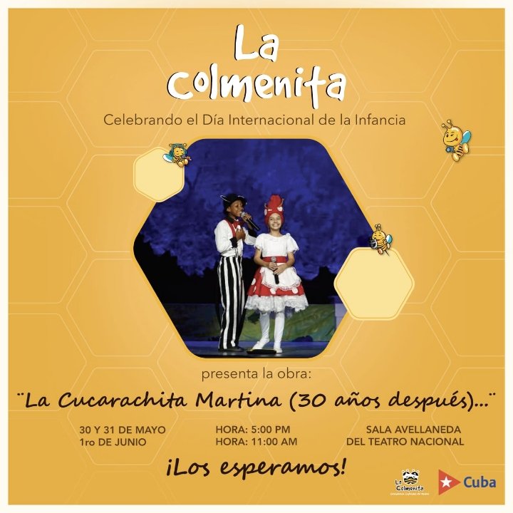 LayneCastellano's tweet photo. 🔈 Este último fin de semana de mayo 2026, en el @TNCubaOficial 
🎭 "En esta obra nadie muere", estreno de Argos Teatro, 📅 del 28 al 31 de mayo, en sala Covarrubias.
🐝 "La Cucarachita Martina... 30 años después", sábado 30 y domingo 31, en sala Avellaneda. 
#MejorArteParaTodos https://t.co/jZUozGKwDF