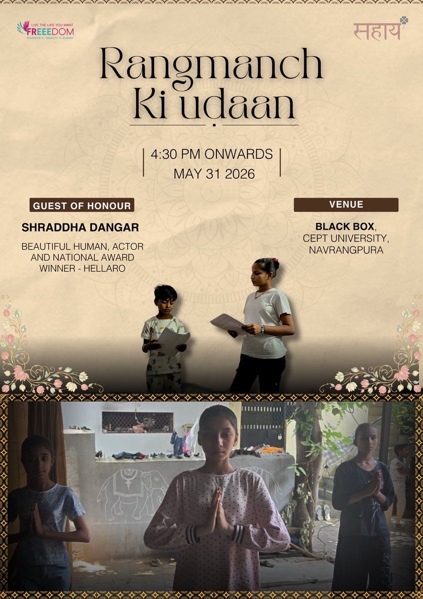 zeal1992's tweet photo. An evening where dreams find a stage and stories find a voice.
Our children are ready to take you on a beautiful musical and theatrical journey filled with courage 🌻
Honoured to have the incredibly talented and kind Shraddha Dangar with us for this evening.
#Sahaay #Freeedom https://t.co/uI4SKOxJRW