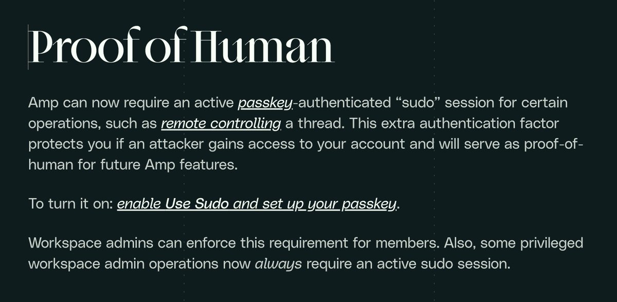 sqs's tweet photo. Proof-of-human with passkeys, for an extra layer of security when remote-controlling your Amp threads.

https://t.co/MnDiCH9PMA https://t.co/xeOj0R81EU
