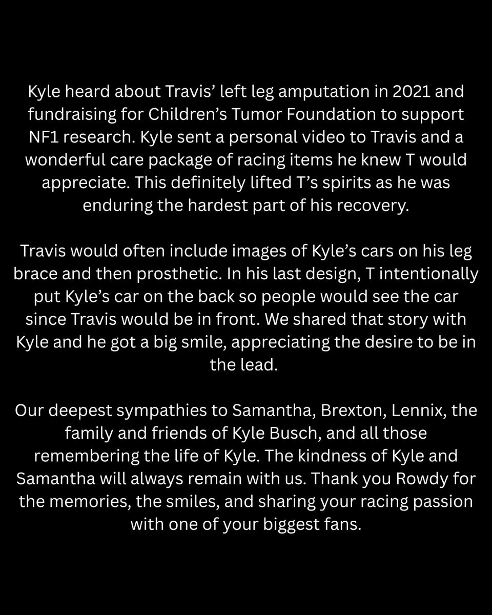 Hockey_NF_Mom's tweet photo. Found a few words when words are hard to come by. Thank you @KyleBusch for your support and care for Travis all these years. ~Kelly, Travis' mom

@NASCAR @MRNRadio @SiriusXMNASCAR  

#alwaysracing #ForeverRowdy #NASCAR https://t.co/N1z5QC9u42