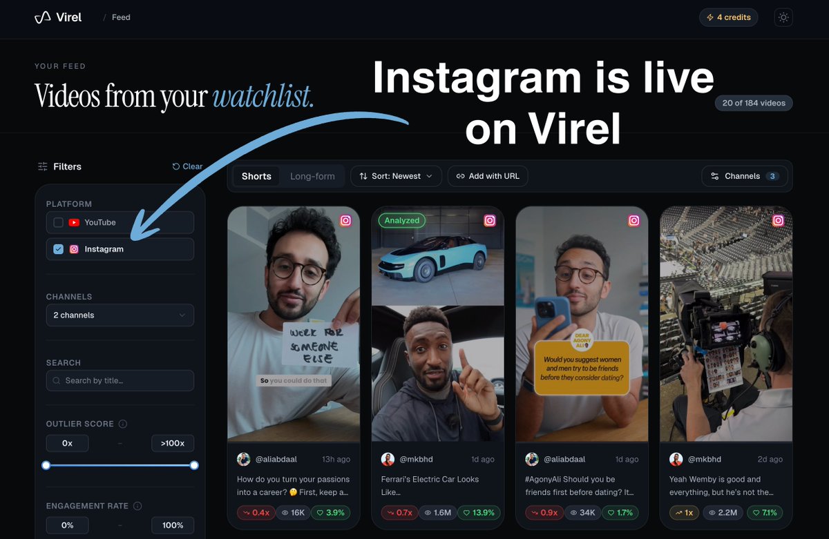 usevirel's tweet photo. Instagram support is now live on Virel

Discover &amp; analyze winning content across YouTube and Instagram in one place.

The goal is simple:
Reduce the time between “I want to create” and “I know what to create.”

Follow us for more such exciting updates. https://t.co/QM2NV0jJjx