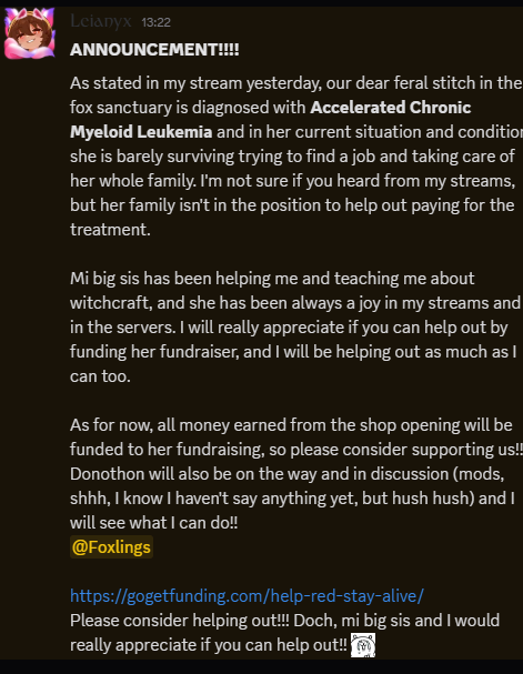leianyx__'s tweet photo. As stated in streams, one of our Foxlings, PriestessinRed, is diagnosed with Accelarated Chronic Myeloid Leukemia.
Despite her situation and condition, she is barely surviving, taking care of her family and paying her treatments

Please consider helping!!
https://t.co/jdnRLh51TD https://t.co/ZG3QZaPva7