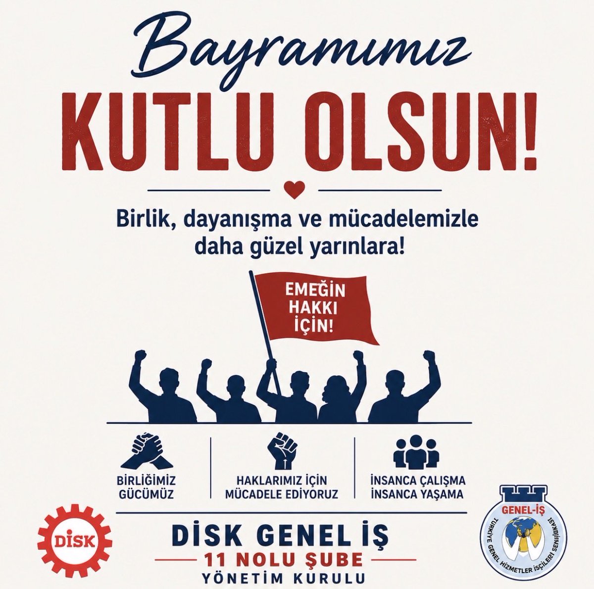 disk11nolusube's tweet photo. Birlik, dayanışma ve mücadele ruhuyla tüm işçi ve emekçi arkadaşlarımızın bayramını kutluyoruz.

Bayramın; ülkemize sağlık, huzur, kardeşlik, umut ve aydınlık yarınlar getirmesini diliyoruz.

11 NOLU ŞUBE YÖNETİM KURULU https://t.co/FFlGotBoD5