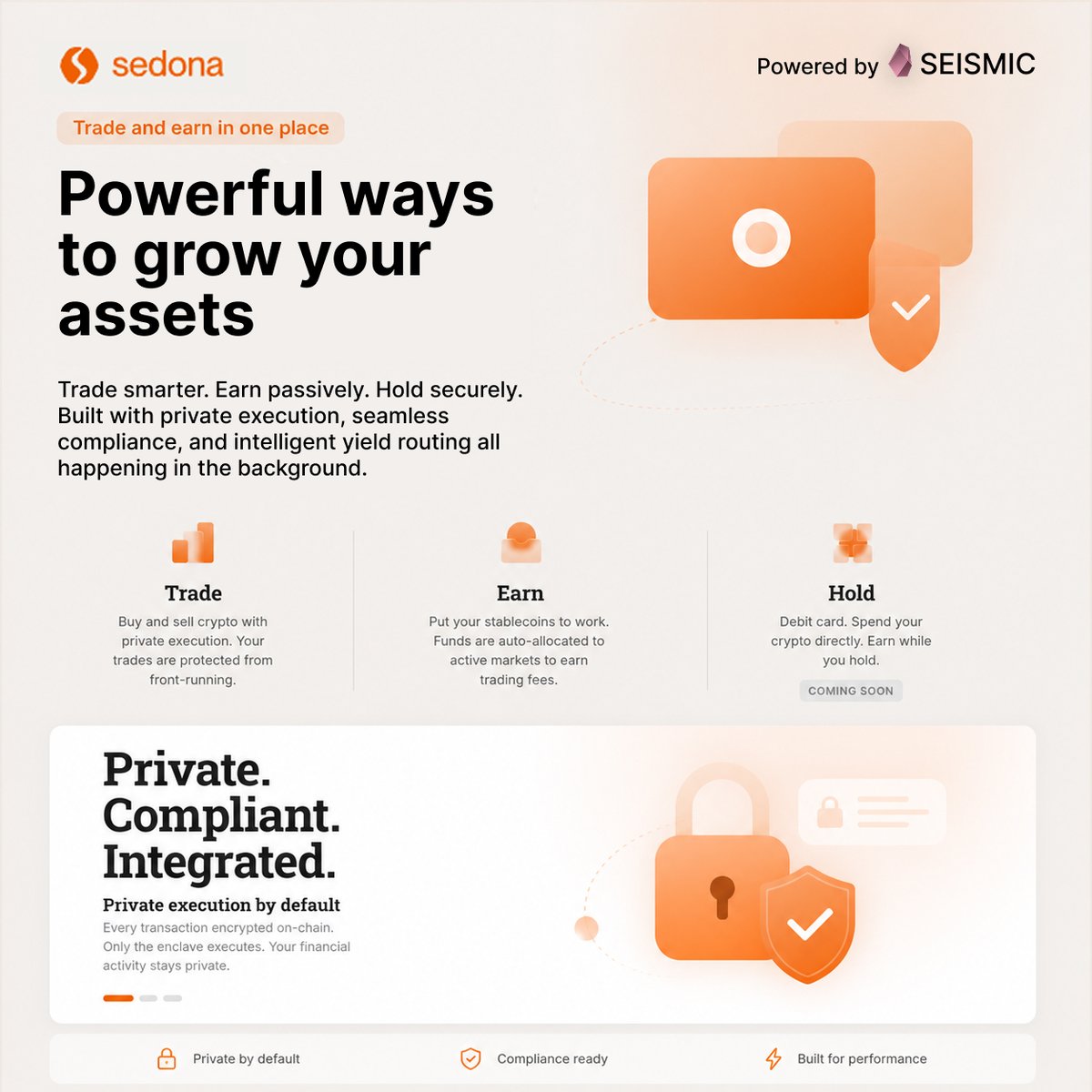 olayoomomota's tweet photo. Privacy shouldn’t be a feature it should be the foundation. 

That’s why Sedona, powered by Seismic, is building a new way to trade, earn, and manage assets with privacy-first infrastructure at its core.

-Trade with protected execution
-Earn through intelligent yield routing
-Hold assets securely with seamless compliance

All happening in one integrated ecosystem designed for performance, security, and usability.

The future of on-chain finance is:
private and compliant

@SeismicSys @NoxxW3 @heathcliff_eth
@xealistt @crypto_kesha
