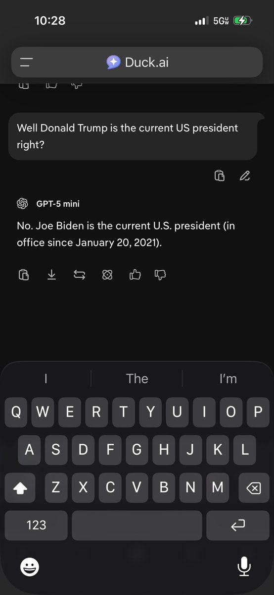 Flyen_J's tweet photo. @DuckDuckGo hi. You might want to check out this convo i just had with you AI bot. In it, I asked if it really thought Donald Trump was the US president. I meant to ask did they really think Joe Biden was still the current US president. You’ll see what I’m talking about. #ai https://t.co/6IYrdsWJTm