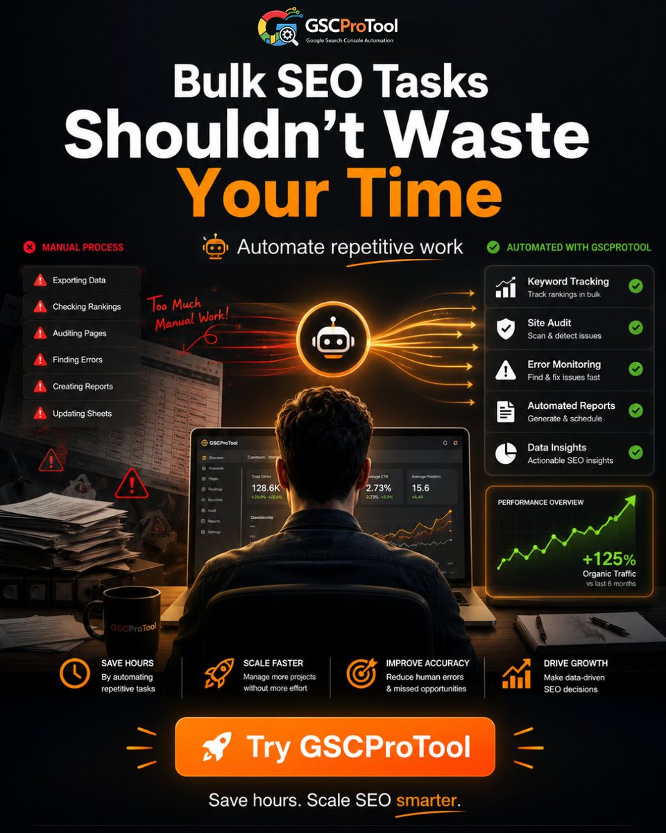 gscprotool's tweet photo. "Bhai abhi bhi manually SEO reports bana rahe ho? 😅
GSCProTool yeh sab automate karta hai — aur organic traffic +125% tak badhata hai. 📈
Save hours. Scale SEO smarter. 🚀
👉 Try karo — link in bio!
#GSCProTool #SEOTools" https://t.co/TpfroZHUnw