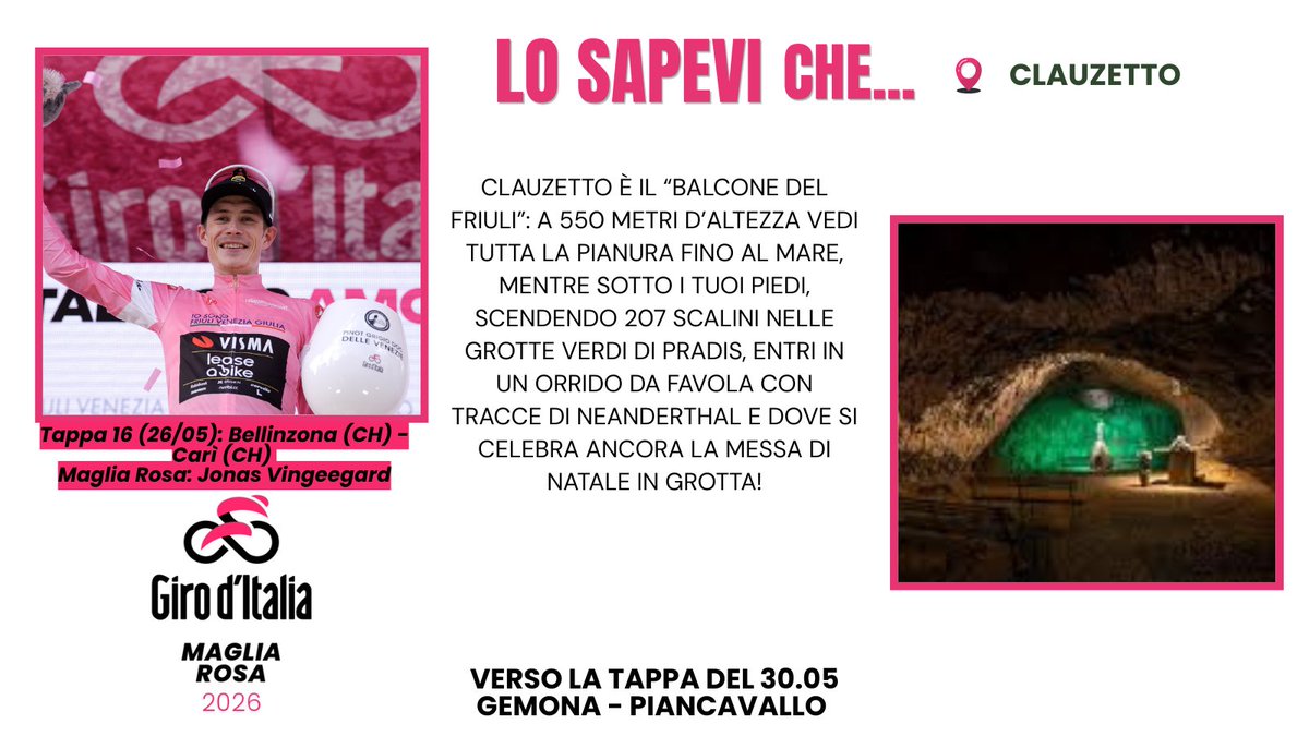 VisitFVG's tweet photo. 🚴🏻Giro d'Italia 2026 - Tappa 16
📍26/05/26: Bellinzona (CH) - Cari (CH) 
💗-4 giorni alla tappa del Friuli Venezia
Giulia

Tu lo sapevi che...?
ℹ️👉🏻 https://t.co/W1JxYQMpWo
#loSonoFVG #VisitFVG #Girodltalia
📸Maglia Rosa Jonas Vingegaard: RCS
@giroditalia https://t.co/2yRHbh3rTT