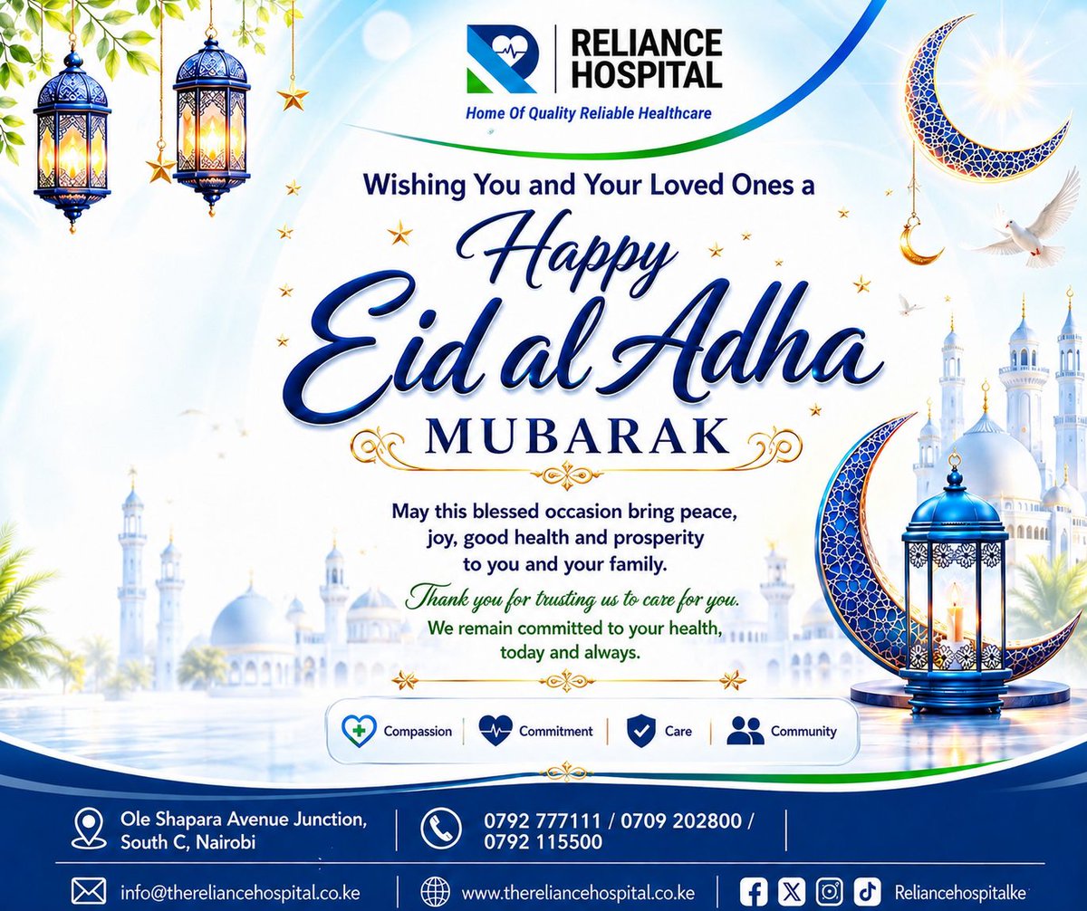 RelianceHospKe's tweet photo. Happy Eid al Adha 
May this blessed occasion bring peace,joy,good health and prosperity to you and your family . https://t.co/DBVYLOfuOp