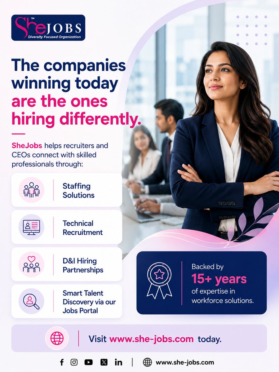SheJobs's tweet photo. The companies winning today are the ones hiring differently. 

At SheJobs, we connect recruiters and CEOs with skilled professionals who bring more to the table through Staffing Solutions, Technical Recruitment, and D&amp;I Hiring Partnerships. Visit https://t.co/FaYe3aRKE3 today! https://t.co/A632NqzJHl