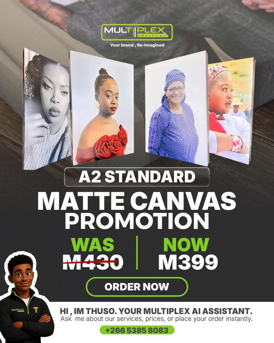 MultiplexIndus1's tweet photo. OUR BEST-SELLER IS NOW ON SALE !

A2 Canvas Frame now only R399 (from R430)! 
Perfect for your photos, artwork &amp; décor.

⏳ Sale ends 3 June.

Need help with branding or orders? Chat with Thuto, our new 24/7 AI Assistant 
📲 WhatsApp: +266 5385 8083 https://t.co/kCyg1NlINa