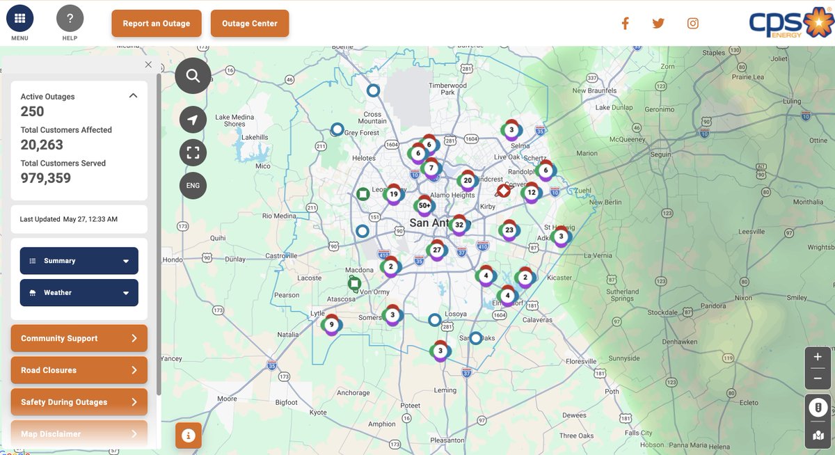 cpsenergy's tweet photo. OUTAGE UPDATE (12:40 AM): While storms have moved out of our service area, a flood watch remains in effect until 1:30 AM. 

Currently, there are 250 weather-related outages affecting approximately 20,263 customers, with the 3 largest impacts in the 78109, 78222, and 78244 zip codes.

CPS Energy crews are actively working to safely restore power to all affected customers. Flooded roads and hazardous conditions may impact access to certain areas, and restoration times may be extended as a result.

Crew safety remains our top priority, and we appreciate our community's patience as repairs continue.

SAFETY REMINDERS:    

🛑 Remember to #MoveOver or #SlowDown if you see our crews out on the road. It's the LAW! 
⚠️ Do NOT go near or drive over a downed power line. Always treat it as LIVE.
🚨 Report downed power lines immediately by calling 210-353-HELP (4357).
🌊 Do not drive through flooded roads   

Please continue to monitor our outage map for the latest updates in your area: https://t.co/t4pdULS5q1