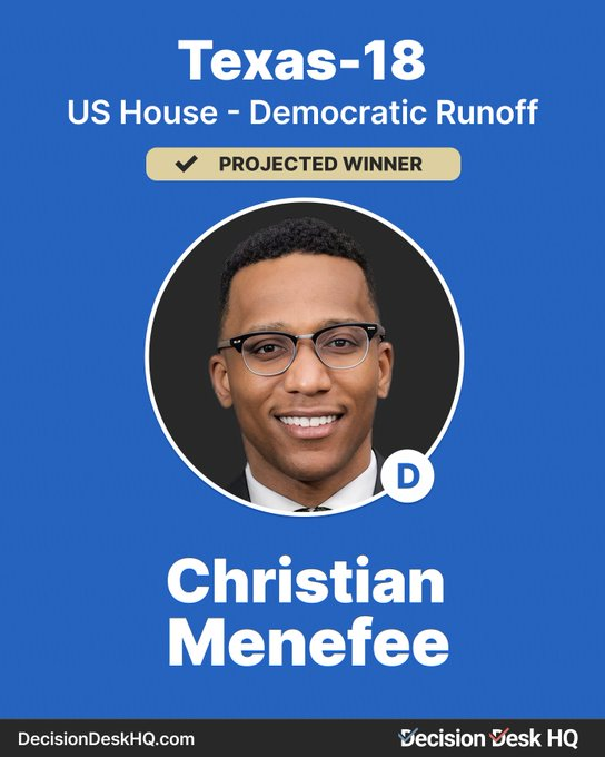 TFTC21's tweet photo. Crypto-backed super PAC Fairshake spent $6.5 million to unseat 20-year Democratic incumbent Al Green in Texas's 18th District. 

He is the first Democratic incumbent this cycle to lose his seat. 

Fairshake’s statement: "Rep. Green’s defeat proves that anti-crypto hostility carries real electoral consequences, making him the first Democratic incumbent this cycle to lose his seat. Fairshake was the difference-maker in this race, and we will continue to aggressively back leaders like Rep. Menefee across the country."