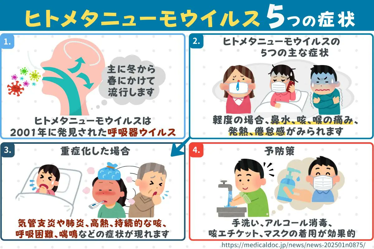 kdicons's tweet photo. SNSやニュースで「コロナやインフルではないのに熱やしつこい咳が続く」と話題になっている「謎の風邪」。
その最有力候補の一つとして挙げられているのが「ヒトメタニューモウイルス（hMPV）」です。
#感染対策
#ヒトメタニューモウイルス https://t.co/BG0eRGJjPt