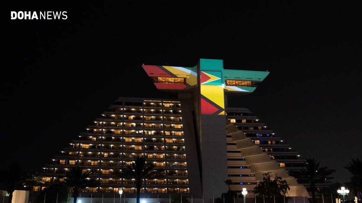 dohanews's tweet photo. Three of #Qatar’s landmark buildings, the Al Jaber Twin Towers, Torch Hotel and Sheraton Hotel, were lit up in the colours of #Guyana’s flag on Tuesday to mark the nation’s 60th independence anniversary.

The Guyanese embassy in Qatar (@guyana_of) said the lighting is part of a series of events planned throughout the year.